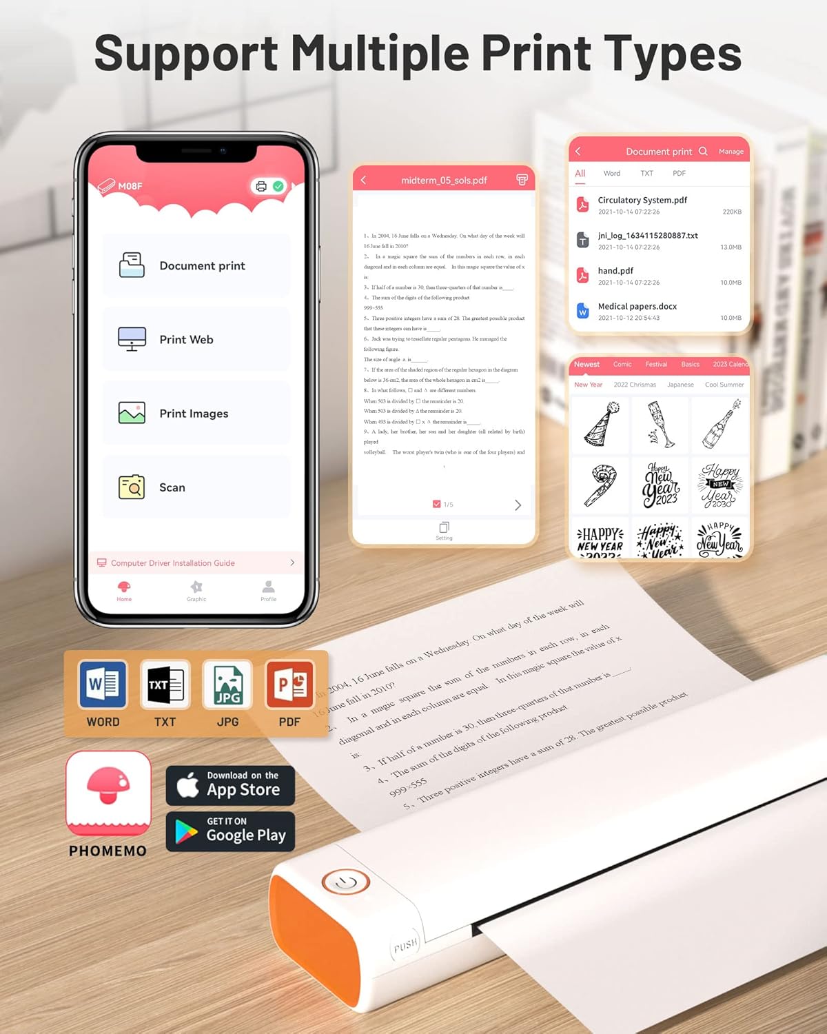 Phomemo M08F Portable Wireless Printer for Travel Mini Home Printer - White, Standard Printer