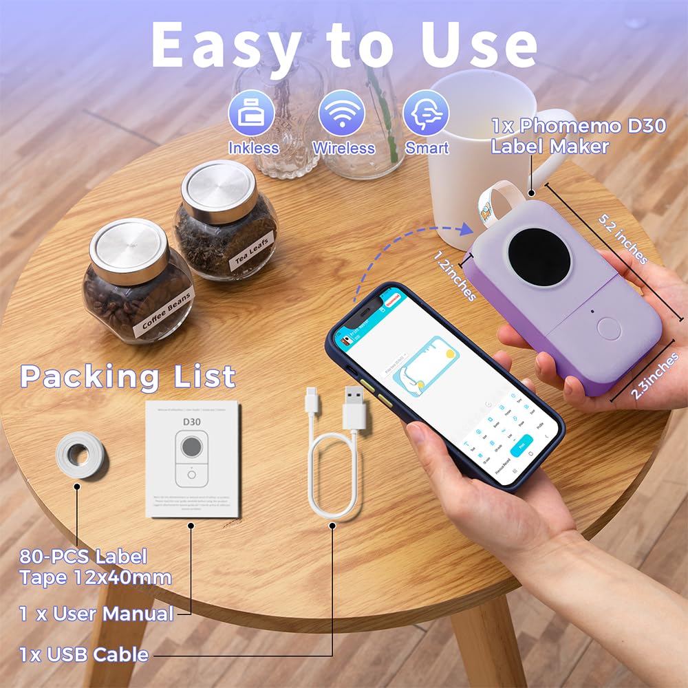Phomemo D30 Portable Label Maker for Home and Office 0.59 inch label width - Purple