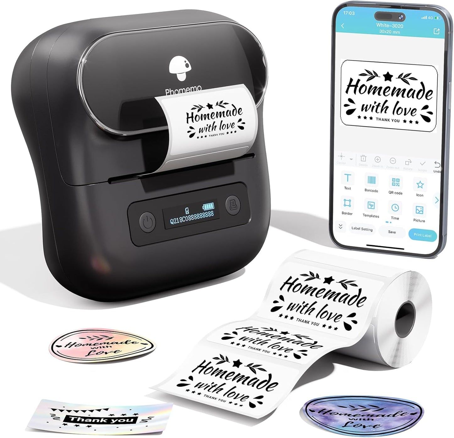 Phomemo M220 3.15’‘ Label Maker For Product Labels, Stickers, Logo - Black