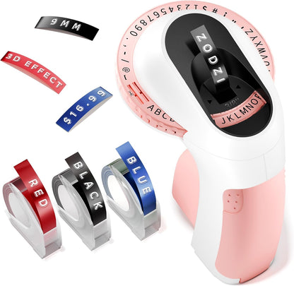 Phomemo E975 Manual Embossing Label Maker Machine with 3 Rolls Label Tapes - Pink and White