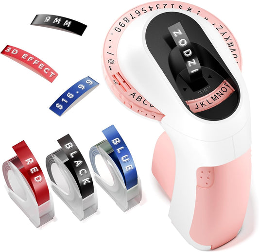 Phomemo E975 Manual Embossing Label Maker Machine with 3 Rolls Label Tapes - Pink and White
