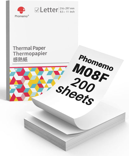 Phomemo Folded 8.5" x 11" US Letter Thermal Paper, Compatible with M08F, Q302, M832, 200 Sheets - White