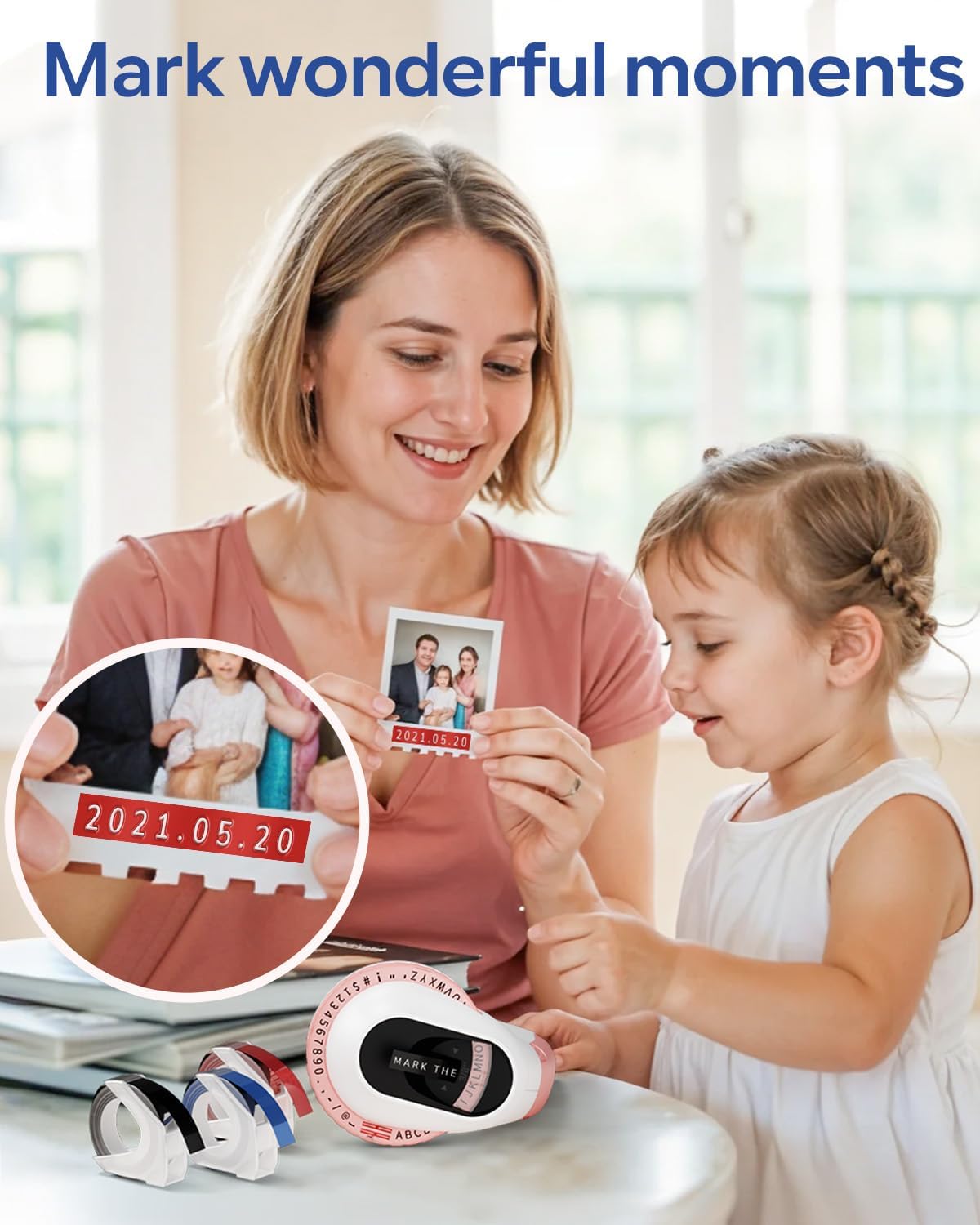 Phomemo E975 Manual Embossing Label Maker Machine with 3 Rolls Label Tapes - Pink and White