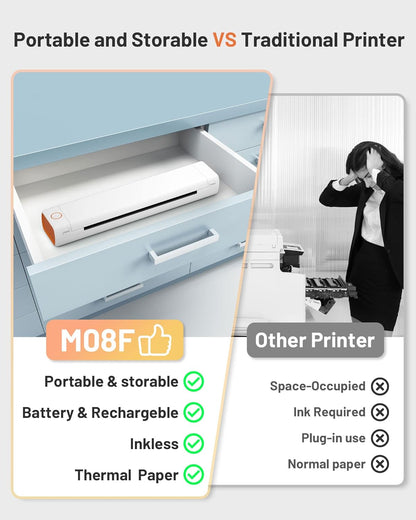 Phomemo M08F Portable Wireless Printer for Travel Mini Home Printer - White, Standard Printer