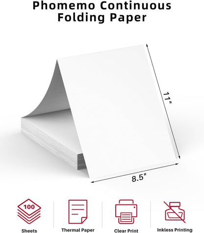 Phomemo Folded 8.5" x 11" US Letter Thermal Paper, Compatible with M08F, Q302, M832, 200 Sheets - White