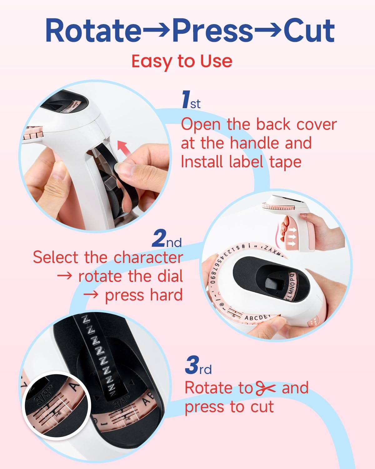 Phomemo E975 Manual Embossing Label Maker Machine with 6 Rolls Label Tapes - Pink and White