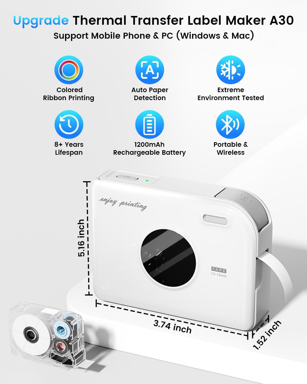 Phomemo A30 Portable Home Label Maker and Ribbon Printer - White