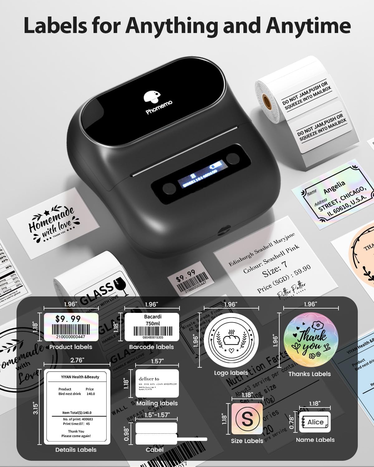 Phomemo M220 3.15’‘ Label Maker For Product Labels, Stickers, Logo - Black