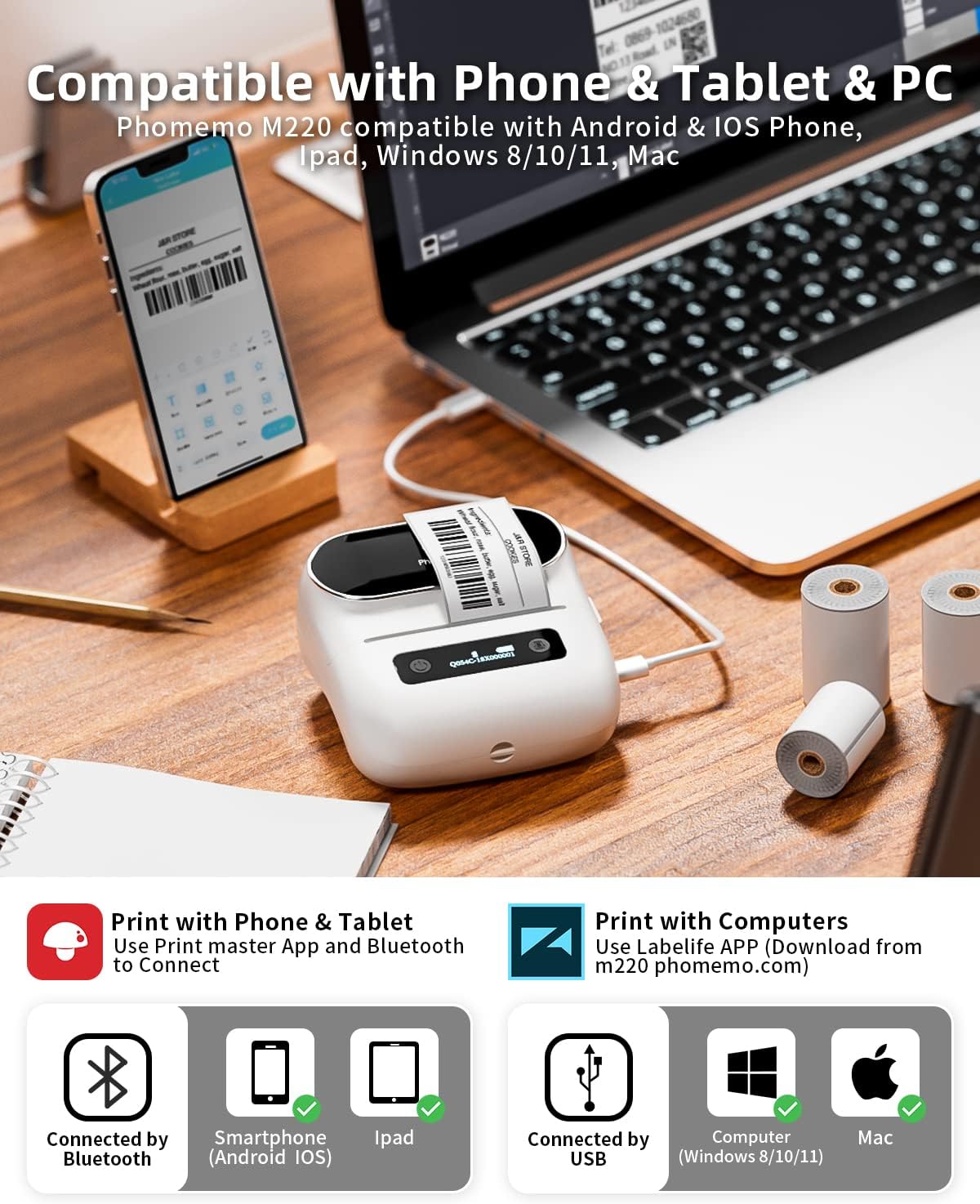 Phomemo M220 Portable Printer Label Maker for Product Label and Logo Sticker - White