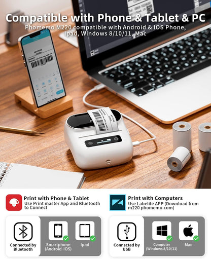 Phomemo M220 Portable Printer Label Maker for Product Label and Logo Sticker - White