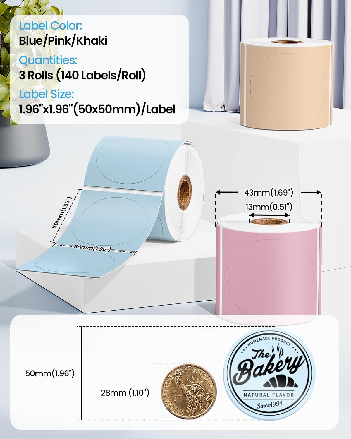 Phomemo 1.96" x 1.96" (50x50 mm) Round Labels for M110, M220, PM241BT - Blue / Pink / Khaki