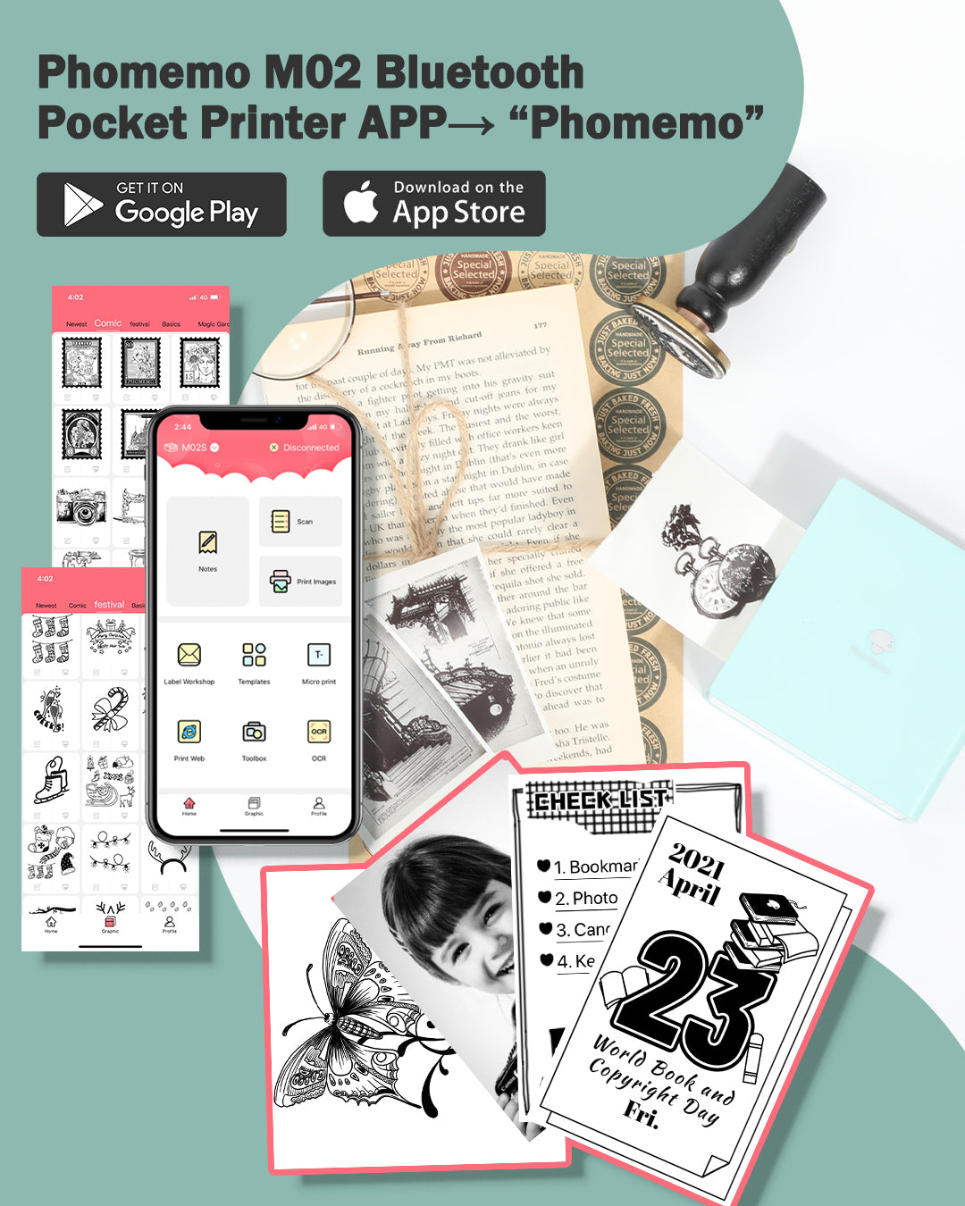 Phomemo M02 Mini Printer for Students, Bluetooth Inkless Sticker Printer for Study Notes, Journaling & Flashcards