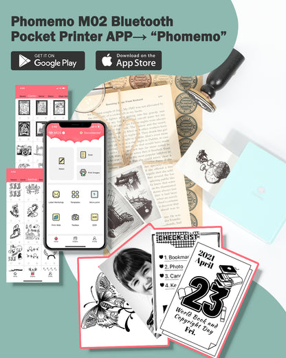 Phomemo M02 Mini Printer for Students, Bluetooth Inkless Sticker Printer for Study Notes, Journaling & Flashcards