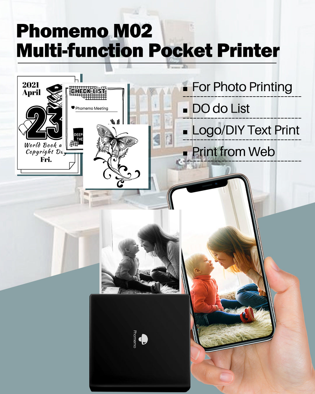 Phomemo M02 Portable Sticker Printer, Mini Bluetooth Photo Printer for Phone, Pocket Printer for Journals & Crafts