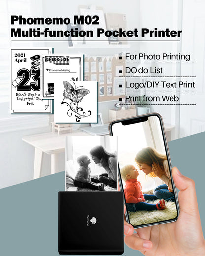 Phomemo M02 Portable Sticker Printer, Mini Bluetooth Photo Printer for Phone, Pocket Printer for Journals & Crafts