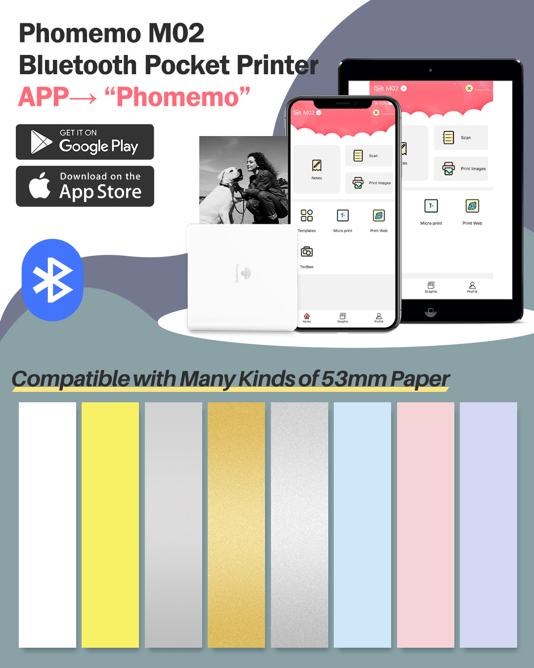 Phomemo M02 Mini Bluetooth Printer, Inkless Portable Sticker Printer for Kids, Students, Teachers & DIY Projects