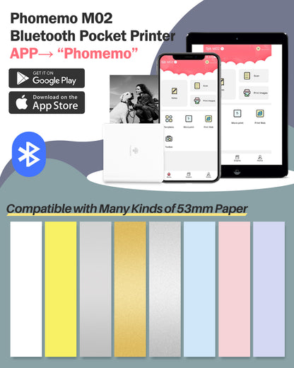 Phomemo M02 Mini Bluetooth Printer, Inkless Portable Sticker Printer for Kids, Students, Teachers & DIY Projects