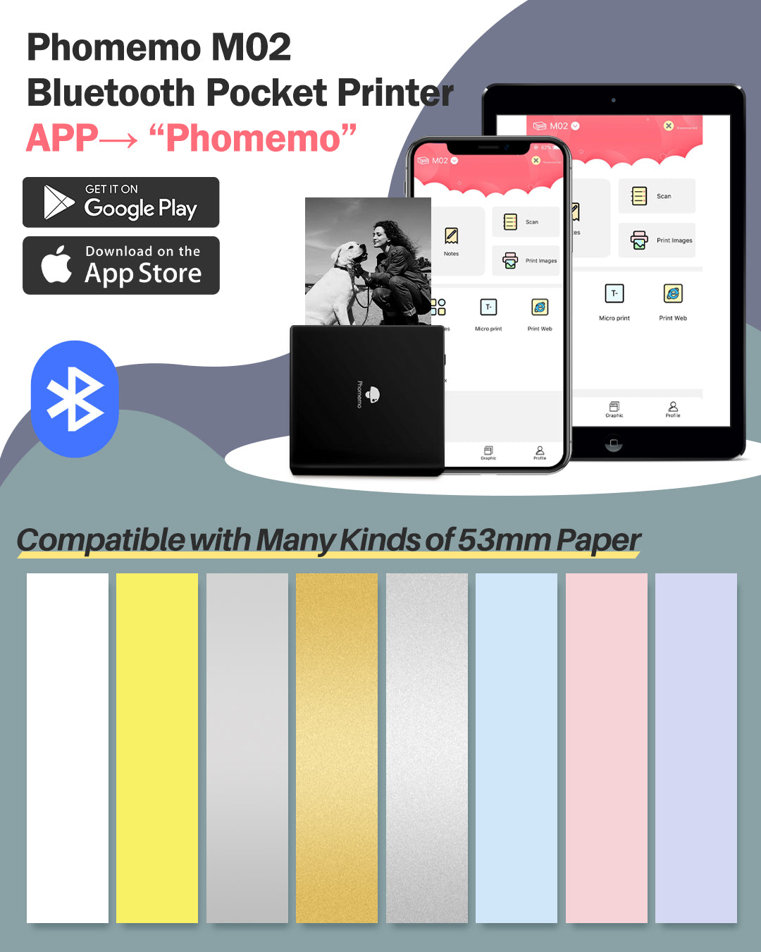 Phomemo M02 Portable Sticker Printer, Mini Bluetooth Photo Printer for Phone, Pocket Printer for Journals & Crafts