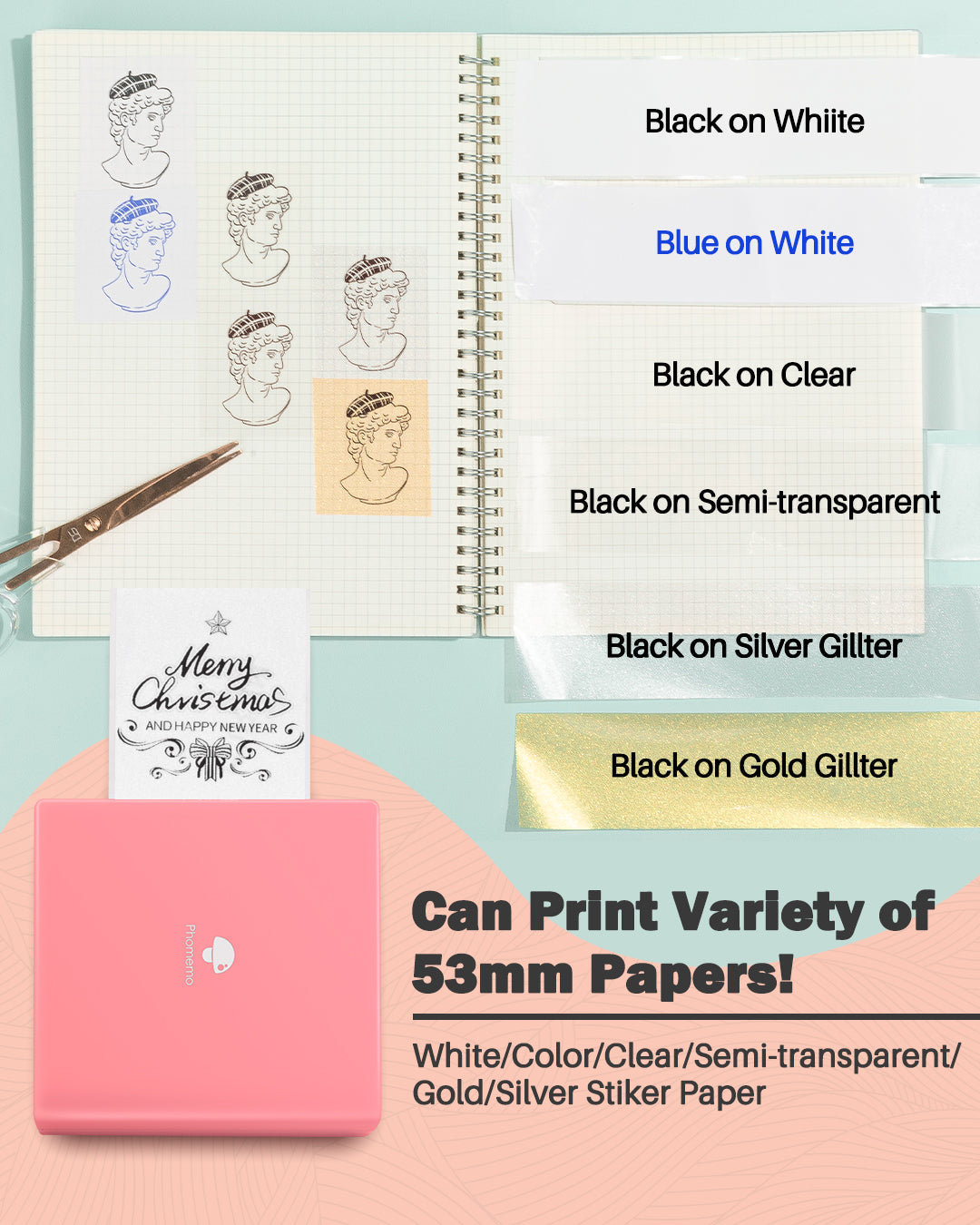 Phomemo M02 Mini Sticker Printer, Portable Bluetooth Thermal Printer for iOS Android, Inkless Printer for Notes, Photos