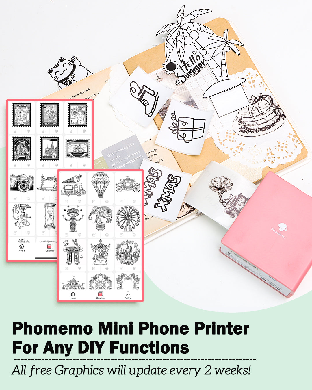 Phomemo M02 Mini Sticker Printer, Portable Bluetooth Thermal Printer for iOS Android, Inkless Printer for Notes, Photos