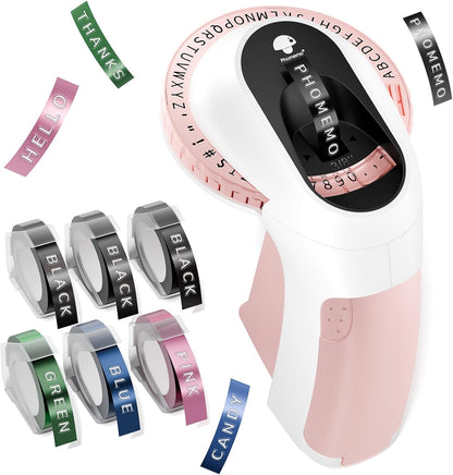 Phomemo E975 Manual Embossing Label Maker Machine with 6 Rolls Label Tapes - Pink and White