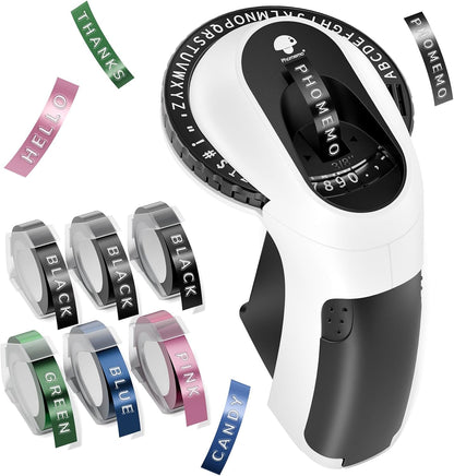 Phomemo E975 Manual Embossing Label Maker Machine with 6 Rolls Label Tapes - Black and White
