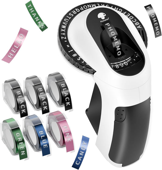 Phomemo E975 Manual Embossing Label Maker Machine with 6 Rolls Label Tapes - Black and White
