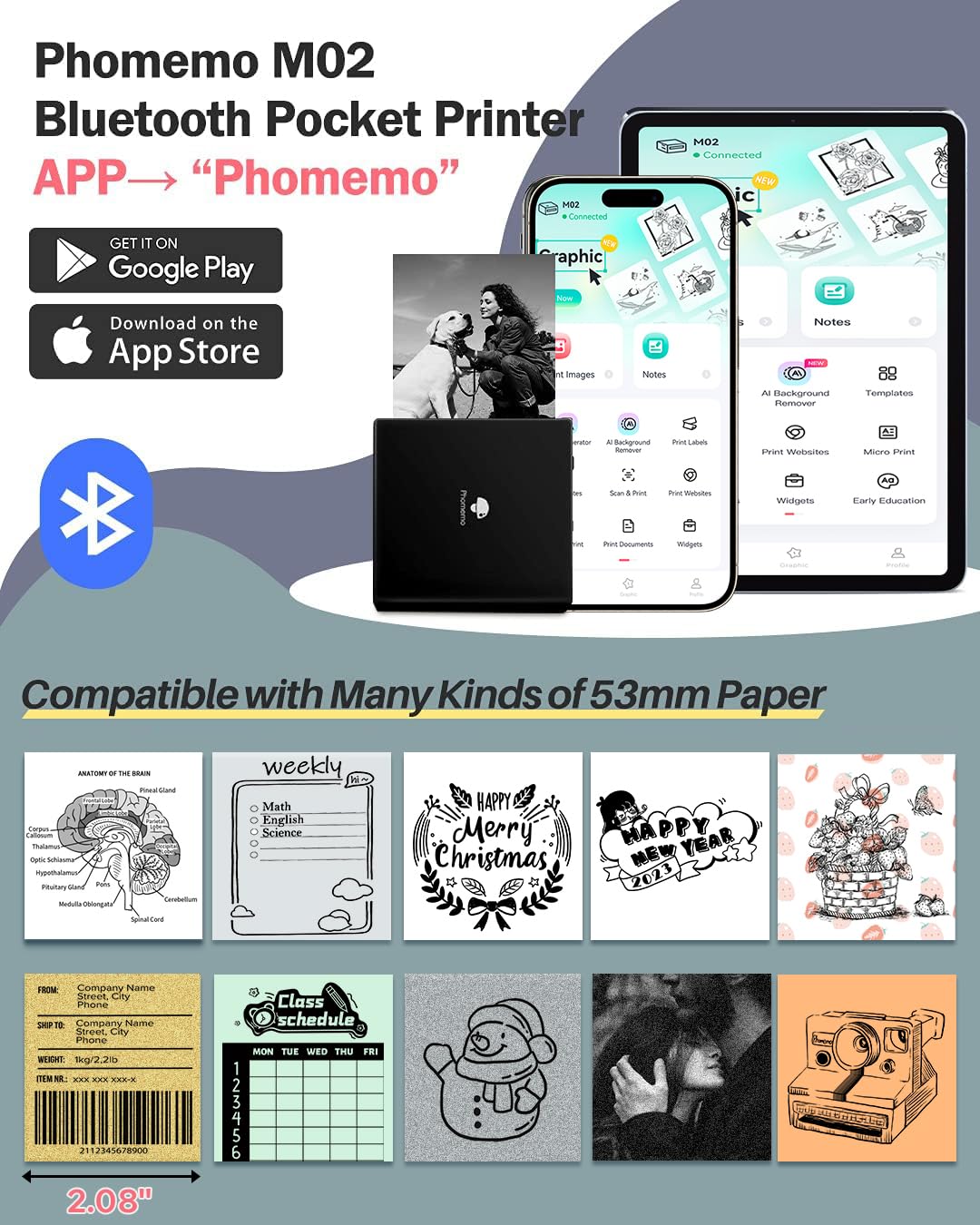 Phomemo M02 Wireless Mini Printer for Study Notes and Stickers - Black