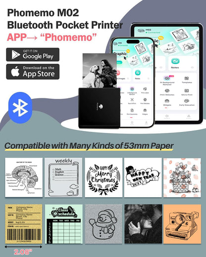 Phomemo M02 Wireless Mini Printer for Study Notes and Stickers - Black