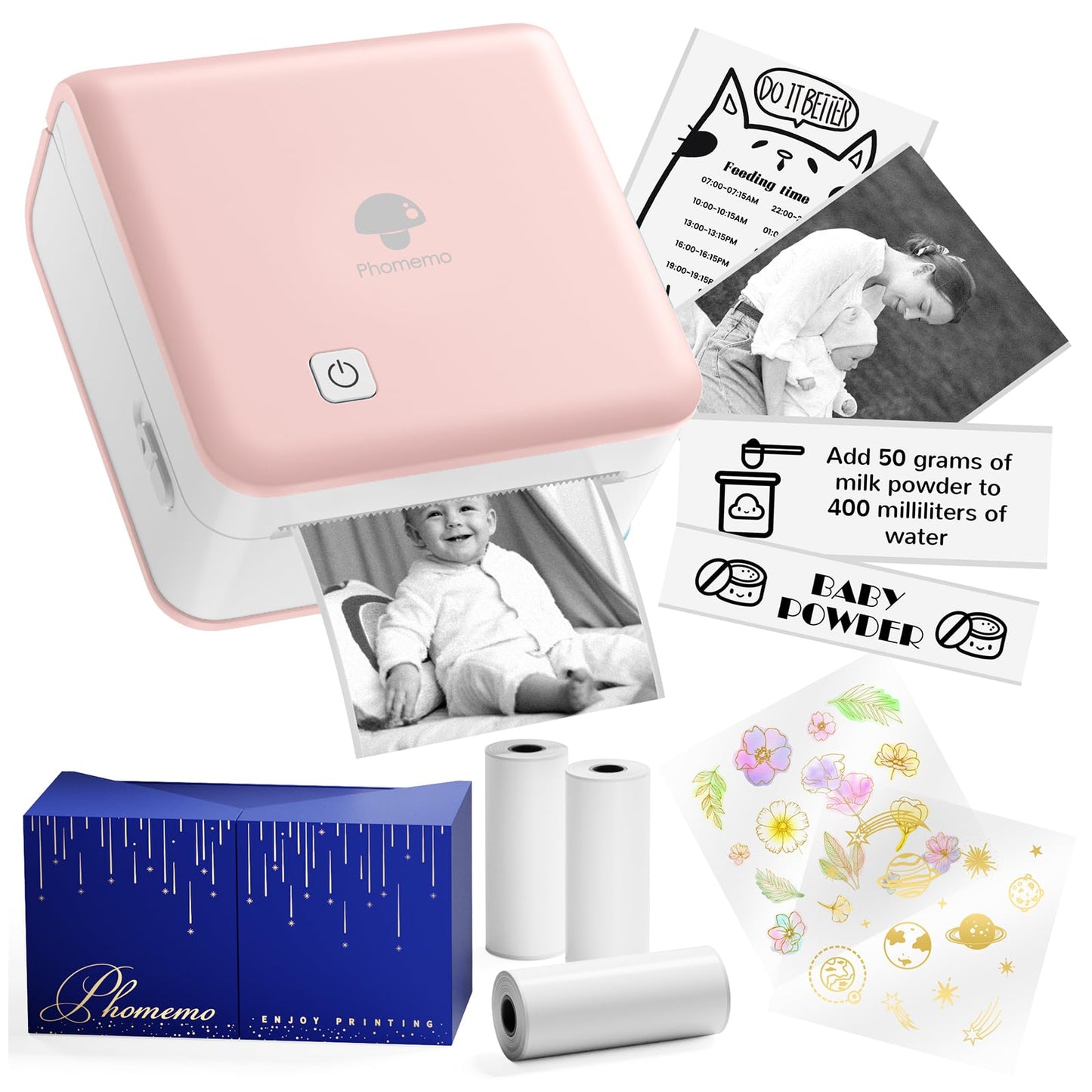 Phomemo P2S Portable Mini Printer for Sticker and Study Notes 3 Rolls Paper in Pack - Pink
