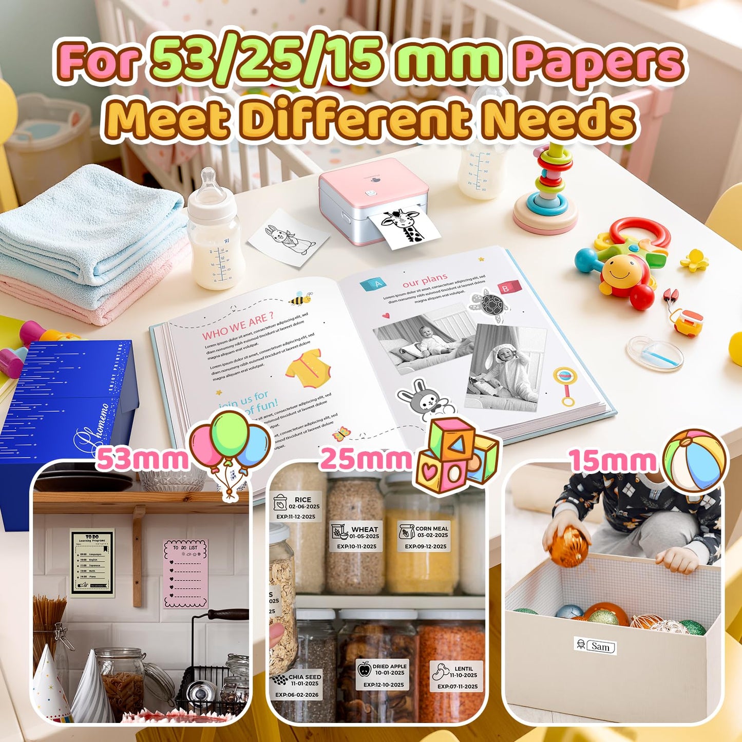 Phomemo P2S Portable Mini Printer for Sticker and Study Notes 3 Rolls Paper in Pack - Pink