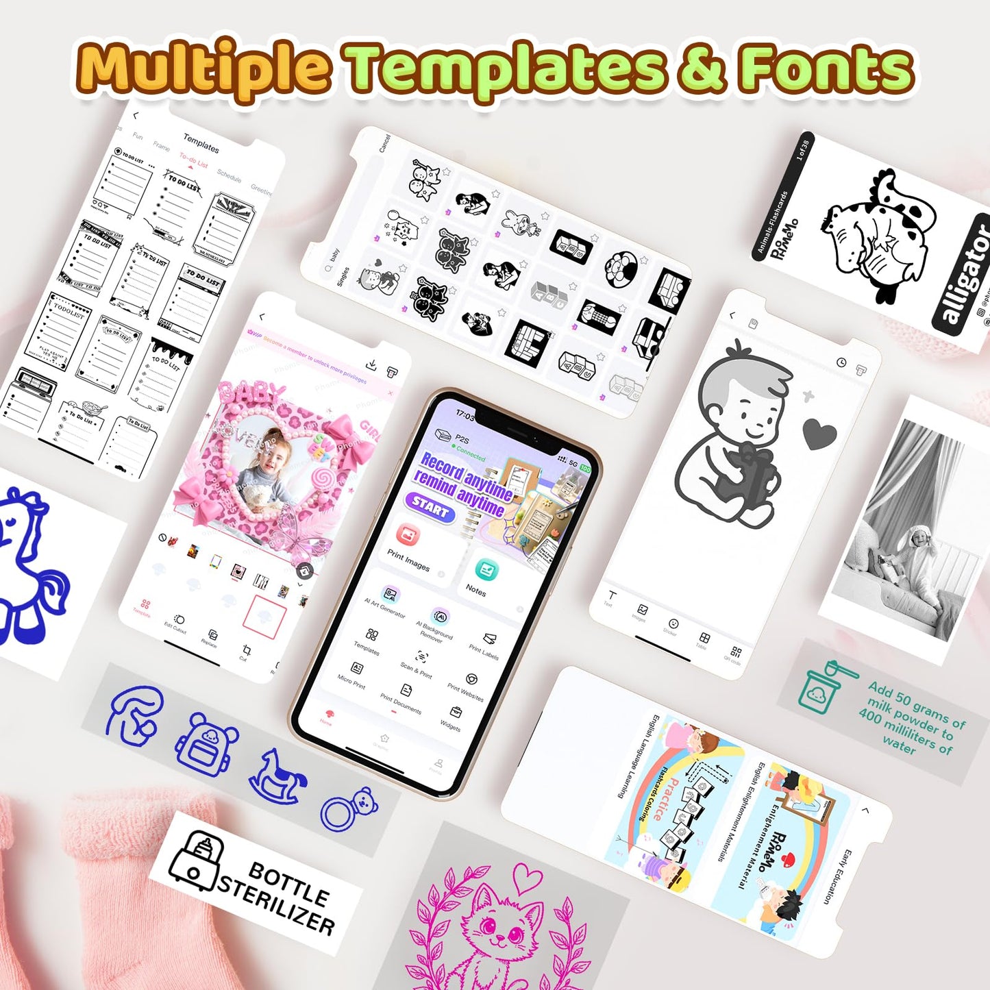 Phomemo P2S Portable Mini Printer for Sticker and Study Notes 3 Rolls Paper in Pack - Pink