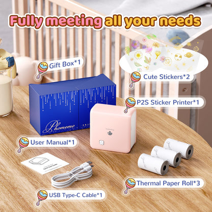 Phomemo P2S Portable Mini Printer for Sticker and Study Notes 3 Rolls Paper in Pack - Pink