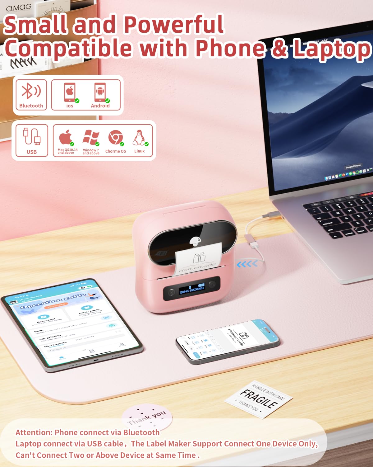 Phomemo M220 Portable Printer Label Maker for Product Label and Logo Sticker - Pink