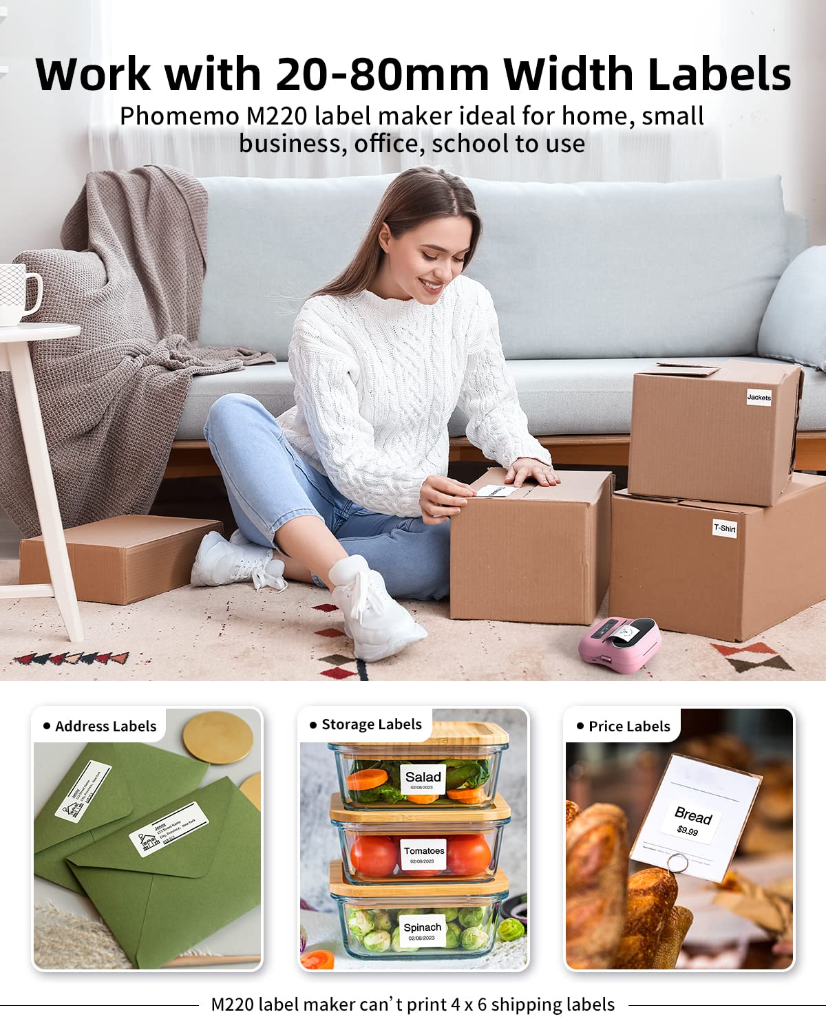 Phomemo M220 Portable Printer Label Maker for Product Label and Logo Sticker - Pink