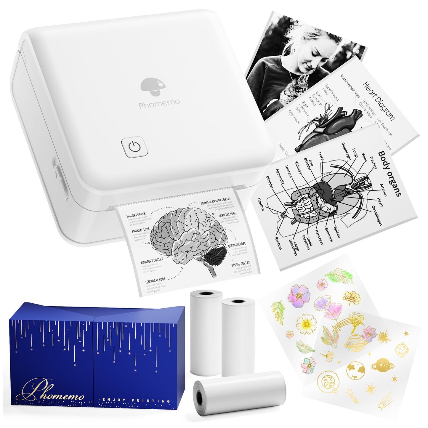 Phomemo P2S Portable Mini Printer for Sticker and Study Notes 3 Rolls Paper in Pack - White