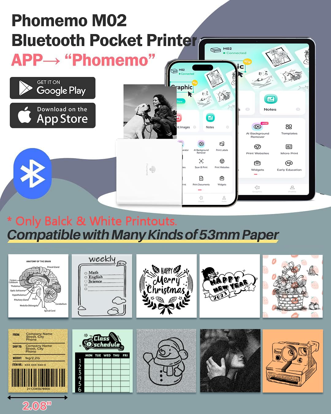 Phomemo M02 Wireless Mini Printer for Study Notes and Stickers - White