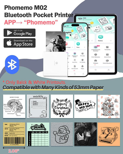 Phomemo M02 Wireless Mini Printer for Study Notes and Stickers - White