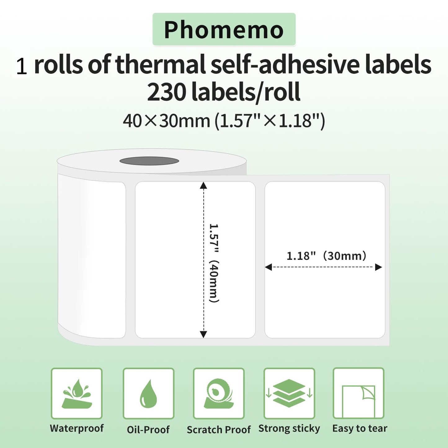 Phomemo 1.57''x1.18'' M110 M220 Labels for barcode, price tag, package label, 230 counts/Roll - White