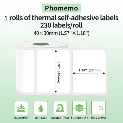 Phomemo 1.57''x1.18'' M110 M220 Labels for barcode, price tag, package label, 230 counts/Roll - White