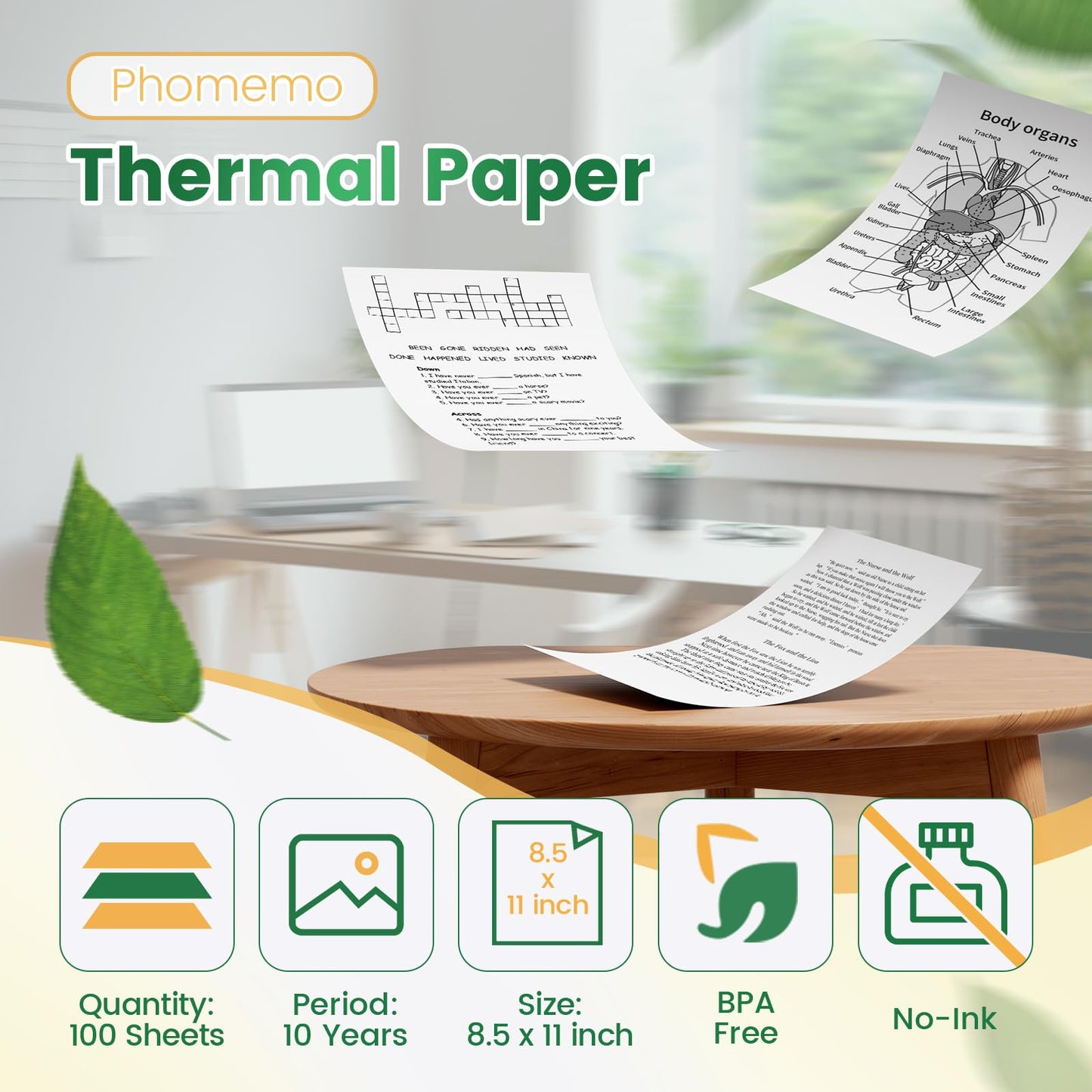 Phomemo Single-Sheet 8.5" x 11" US Letter Thermal Paper, Compatible with M08F, Q302, M832, 100 Sheets - White
