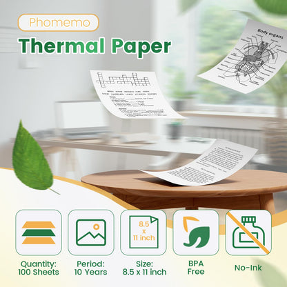 Phomemo Single-Sheet 8.5" x 11" US Letter Thermal Paper, Compatible with M08F, Q302, M832, 100 Sheets - White