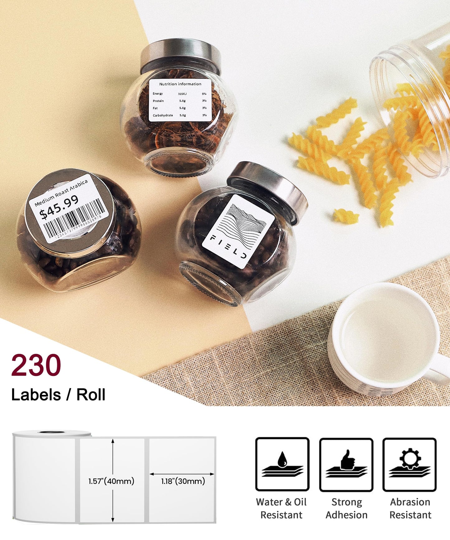 Phomemo 1.57''x1.18'' M110 M220 Labels for barcode, price tag, package label, 230 counts/Roll, 3 Rolls one pack - White