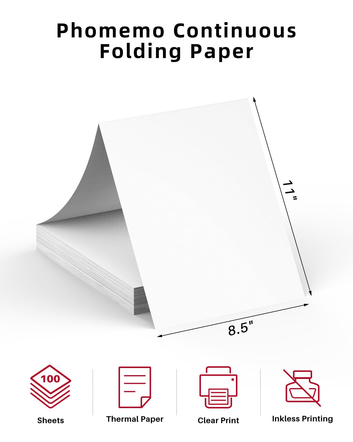 Phomemo Folded 8.5" x 11" US Letter Thermal Paper, Compatible with M08F, Q302, M832, 100 Sheets - White