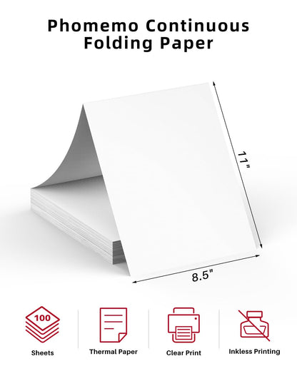 Phomemo Folded 8.5" x 11" US Letter Thermal Paper, Compatible with M08F, Q302, M832, 100 Sheets - White