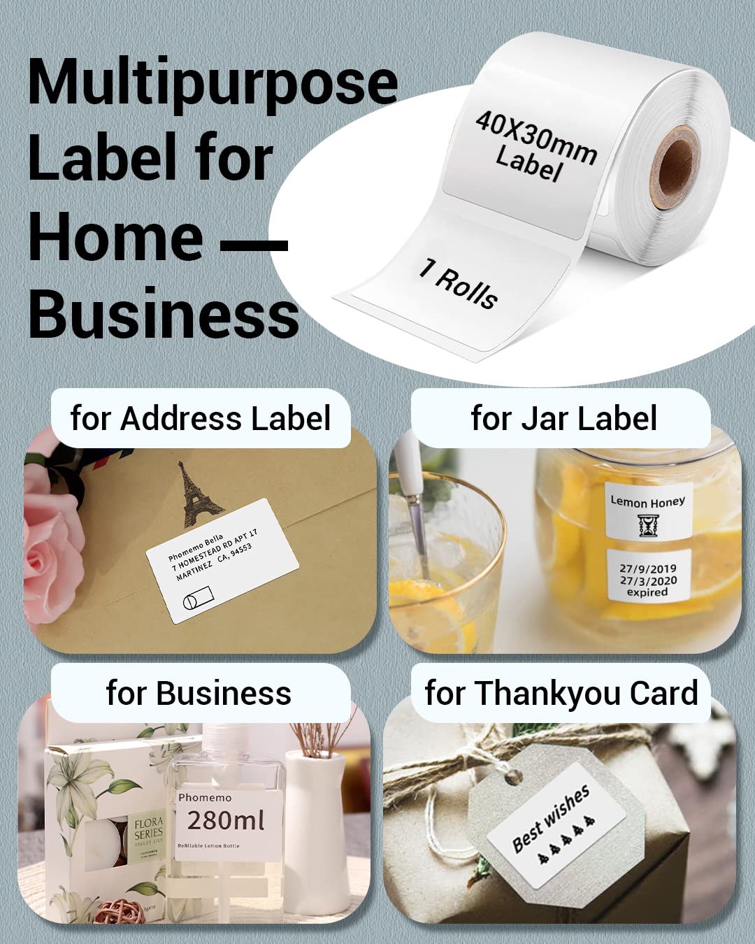 Phomemo 1.57''x1.18'' M110 M220 Labels for barcode, price tag, package label, 230 counts/Roll - White