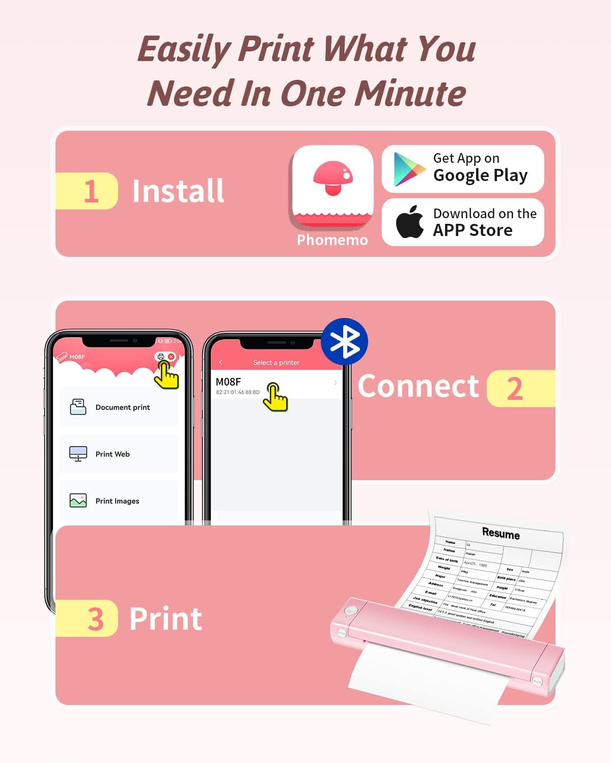 Phomemo M08F Portable Wireless Printer for Travel Mini Home Printer - Pink